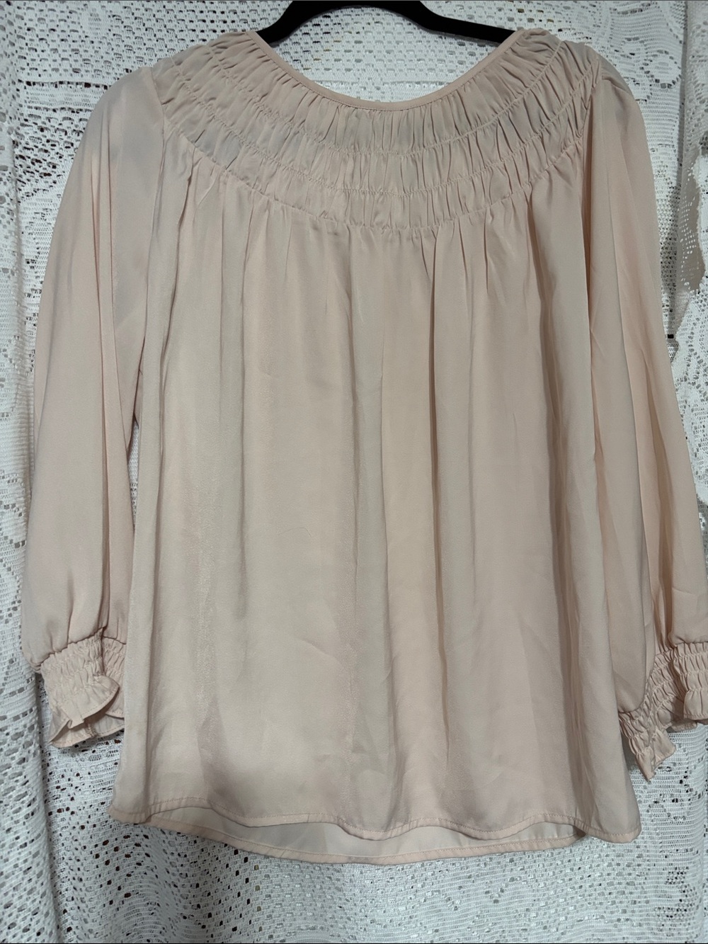 Smocked Yoke & cuffs Long-Sleeve Blouse in Soft Blush